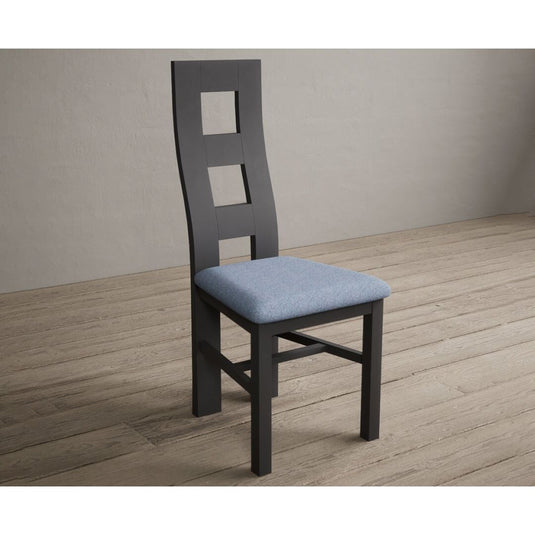 Painted Charcoal Grey Flow Back Dining Chairs with Sky Blue Fabric Seat Pad Dining Chairs Painted