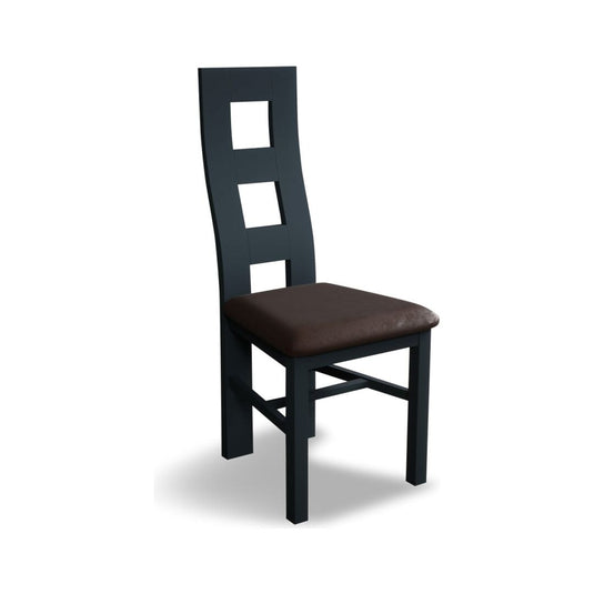 Painted Dark Blue Flow Back Dining Chairs with Chocolate Brown Leather Seat Pad Dining Chairs Painted