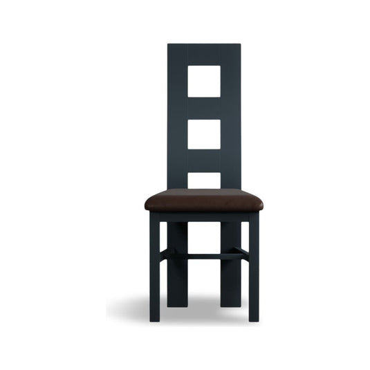 Painted Dark Blue Flow Back Dining Chairs with Chocolate Brown Leather Seat Pad Dining Chairs Painted