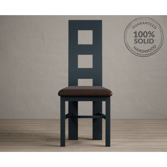 Painted Dark Blue Flow Back Dining Chairs with Chocolate Brown Leather Seat Pad Dining Chairs Painted
