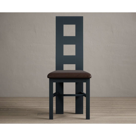 Painted Dark Blue Flow Back Dining Chairs with Chocolate Brown Leather Seat Pad Dining Chairs Painted
