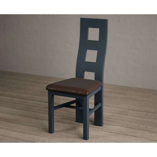 Painted Dark Blue Flow Back Dining Chairs with Chocolate Brown Leather Seat Pad Dining Chairs Painted