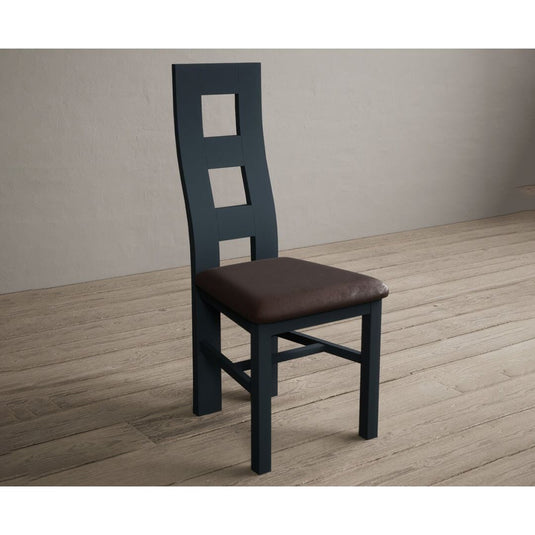 Painted Dark Blue Flow Back Dining Chairs with Chocolate Brown Leather Seat Pad Dining Chairs Painted
