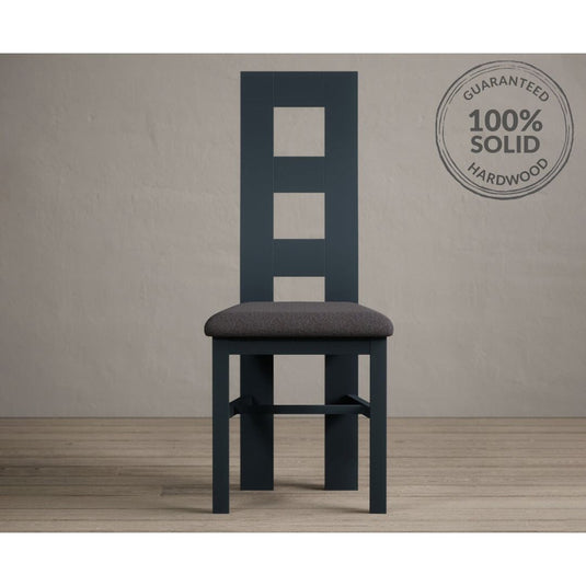 Painted Dark Blue Flow Back Dining Chairs with Charcoal Grey Fabric Seat Pad Dining Chairs Painted