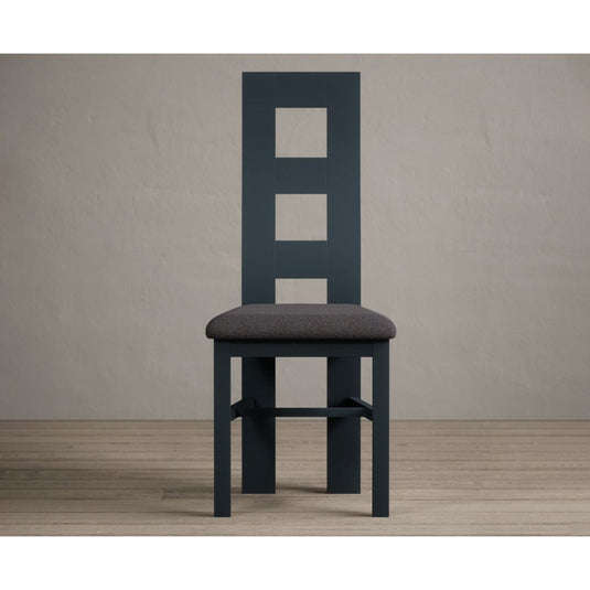 Painted Dark Blue Flow Back Dining Chairs with Charcoal Grey Fabric Seat Pad Dining Chairs Painted