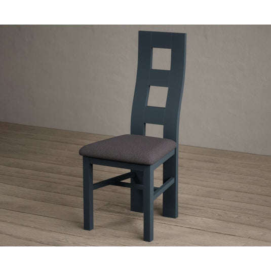 Painted Dark Blue Flow Back Dining Chairs with Charcoal Grey Fabric Seat Pad Dining Chairs Painted
