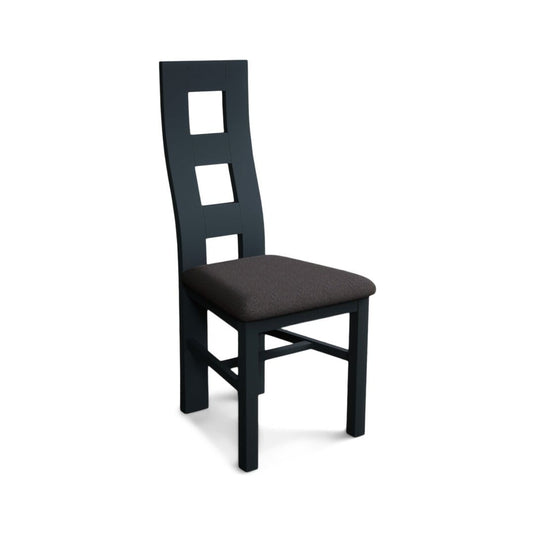 Painted Dark Blue Flow Back Dining Chairs with Charcoal Grey Fabric Seat Pad Dining Chairs Painted