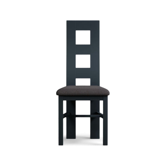 Painted Dark Blue Flow Back Dining Chairs with Charcoal Grey Fabric Seat Pad Dining Chairs Painted