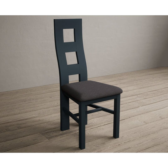 Painted Dark Blue Flow Back Dining Chairs with Charcoal Grey Fabric Seat Pad Dining Chairs Painted