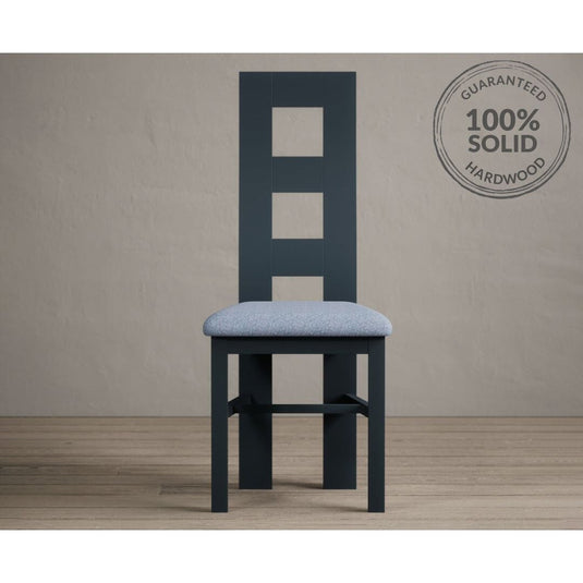 Painted Dark Blue Flow Back Dining Chairs with Sky Blue Fabric Seat Pad Dining Chairs Painted