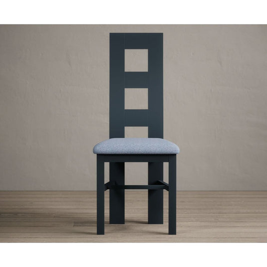 Painted Dark Blue Flow Back Dining Chairs with Sky Blue Fabric Seat Pad Dining Chairs Painted