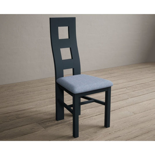 Painted Dark Blue Flow Back Dining Chairs with Sky Blue Fabric Seat Pad Dining Chairs Painted