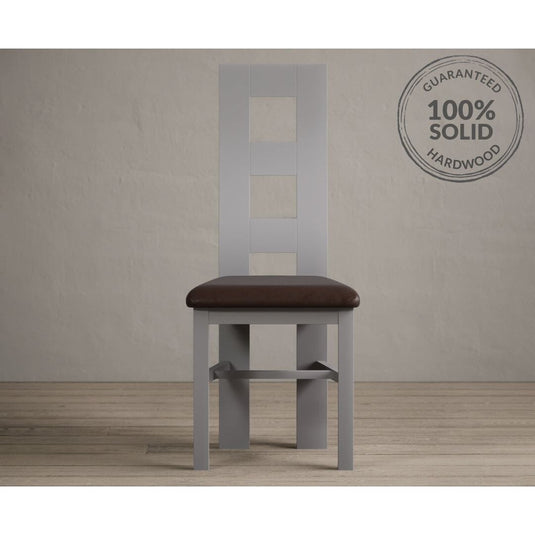 Painted Light Grey Flow Back Dining Chairs with Chocolate Brown Leather Seat Pad Dining Chairs Painted