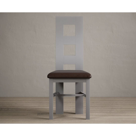 Painted Light Grey Flow Back Dining Chairs with Chocolate Brown Leather Seat Pad Dining Chairs Painted