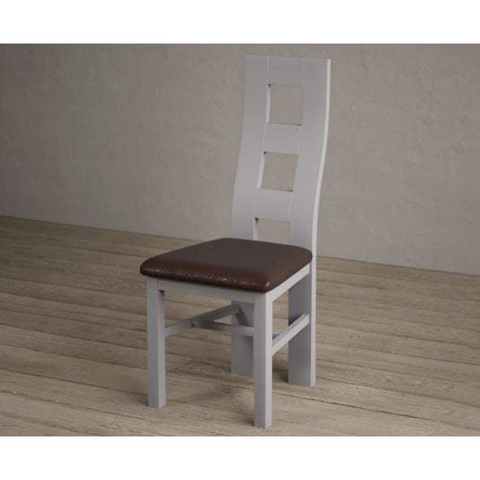Painted Light Grey Flow Back Dining Chairs with Chocolate Brown Leather Seat Pad Dining Chairs Painted