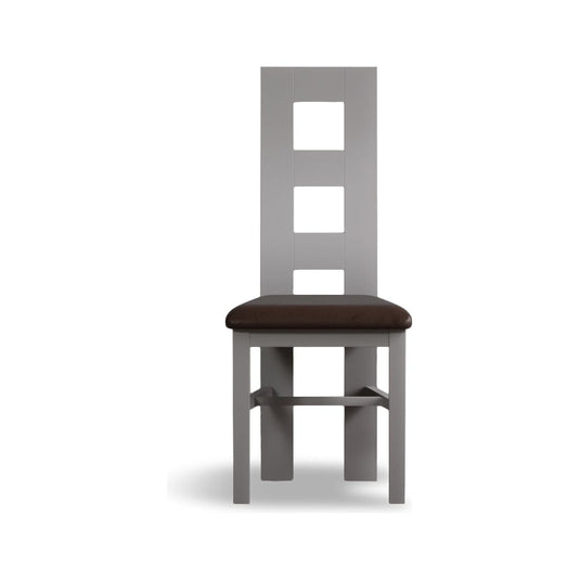 Painted Light Grey Flow Back Dining Chairs with Chocolate Brown Leather Seat Pad Dining Chairs Painted