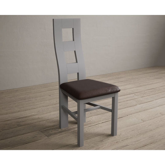 Painted Light Grey Flow Back Dining Chairs with Chocolate Brown Leather Seat Pad Dining Chairs Painted