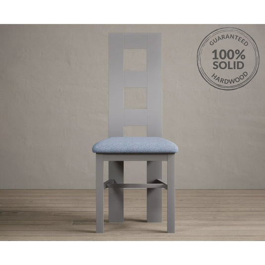 Painted Light Grey Flow Back Dining Chairs with Sky Blue Fabric Seat Pad Dining Chairs Painted