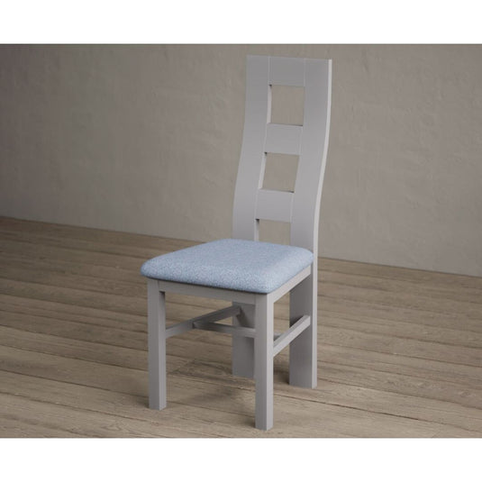 Painted Light Grey Flow Back Dining Chairs with Sky Blue Fabric Seat Pad Dining Chairs Painted