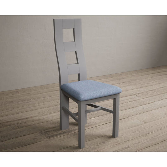 Painted Light Grey Flow Back Dining Chairs with Sky Blue Fabric Seat Pad Dining Chairs Painted