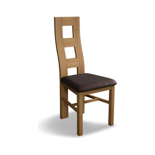 Natural Solid Oak Flow Back Dining Chairs with Chocolate Brown Leather Seat Pad Dining Chairs Natural