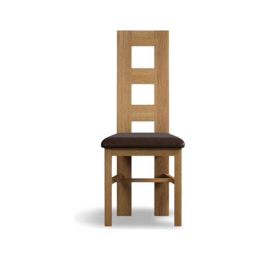 Natural Solid Oak Flow Back Dining Chairs with Chocolate Brown Leather Seat Pad Dining Chairs Natural
