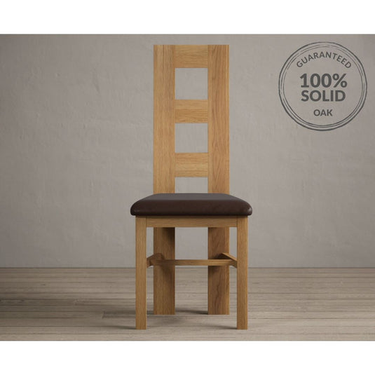 Natural Solid Oak Flow Back Dining Chairs with Chocolate Brown Leather Seat Pad Dining Chairs Natural