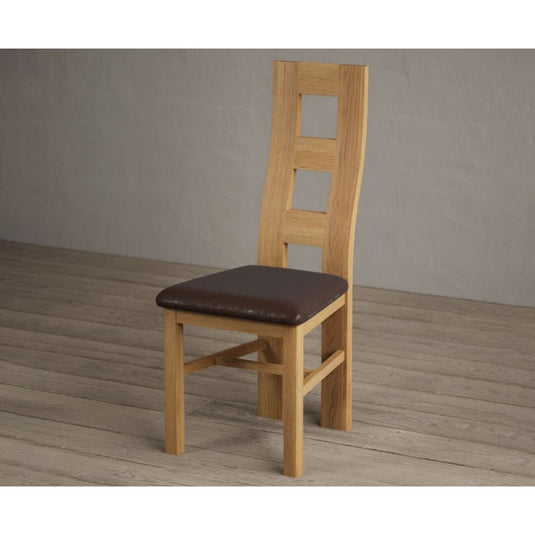 Natural Solid Oak Flow Back Dining Chairs with Chocolate Brown Leather Seat Pad Dining Chairs Natural