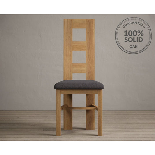 Natural Solid Oak Flow Back Dining Chairs with Charcoal Grey Fabric Seat Pad Dining Chairs Natural
