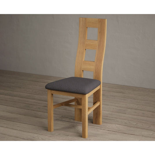 Natural Solid Oak Flow Back Dining Chairs with Charcoal Grey Fabric Seat Pad Dining Chairs Natural