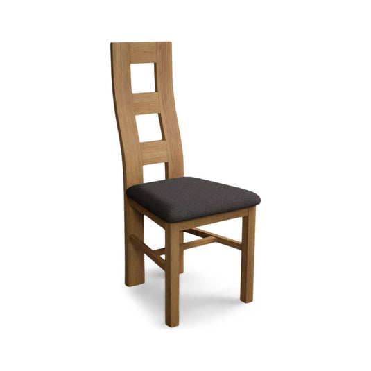 Natural Solid Oak Flow Back Dining Chairs with Charcoal Grey Fabric Seat Pad Dining Chairs Natural