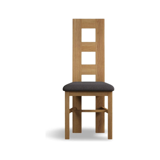 Natural Solid Oak Flow Back Dining Chairs with Charcoal Grey Fabric Seat Pad Dining Chairs Natural