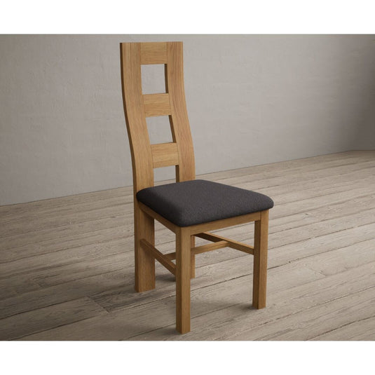 Natural Solid Oak Flow Back Dining Chairs with Charcoal Grey Fabric Seat Pad Dining Chairs Natural
