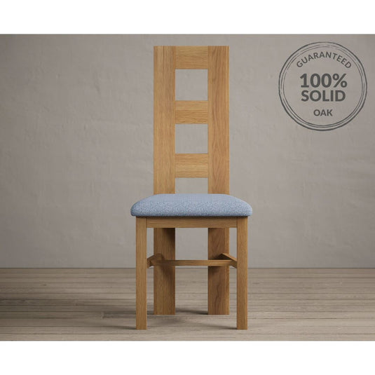 Natural Solid Oak Flow Back Dining Chairs with Sky Blue Fabric Seat Pad Dining Chairs Natural