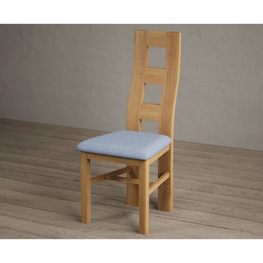 Natural Solid Oak Flow Back Dining Chairs with Sky Blue Fabric Seat Pad Dining Chairs Natural