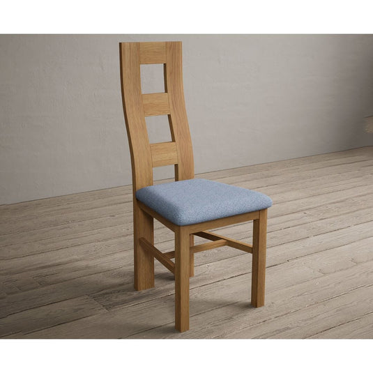 Natural Solid Oak Flow Back Dining Chairs with Sky Blue Fabric Seat Pad Dining Chairs Natural