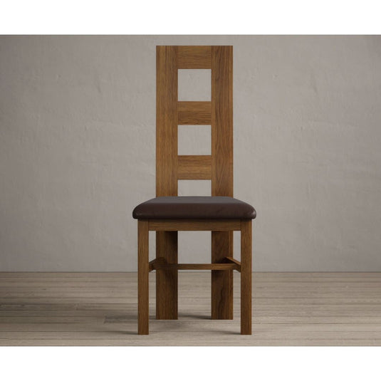 Rustic Solid Oak Flow Back Dining Chairs with Chocolate Brown Leather Seat Pad Dining Chairs Rustic Solid Oak