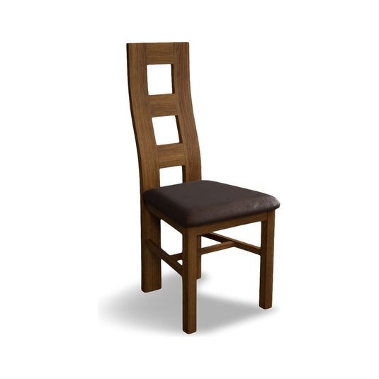 Rustic Solid Oak Flow Back Dining Chairs with Chocolate Brown Leather Seat Pad Dining Chairs Rustic Solid Oak
