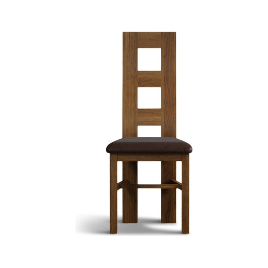 Rustic Solid Oak Flow Back Dining Chairs with Chocolate Brown Leather Seat Pad Dining Chairs Rustic Solid Oak