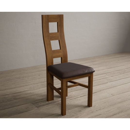 Rustic Solid Oak Flow Back Dining Chairs with Chocolate Brown Leather Seat Pad Dining Chairs Rustic Solid Oak