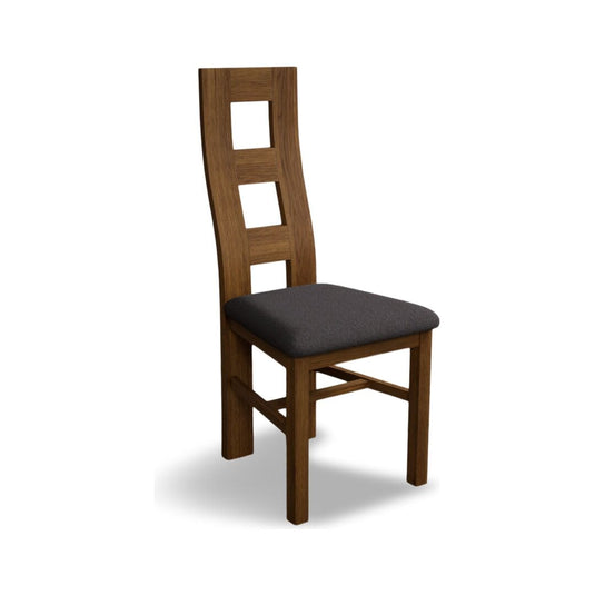 Rustic Solid Oak Flow Back Dining Chairs with Charcoal Grey Fabric Seat Pad Dining Chairs Rustic Solid Oak