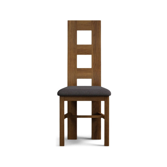 Rustic Solid Oak Flow Back Dining Chairs with Charcoal Grey Fabric Seat Pad Dining Chairs Rustic Solid Oak