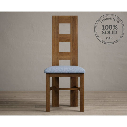 Rustic Solid Oak Flow Back Dining Chairs with Sky Blue Fabric Seat Pad Dining Chairs Rustic Solid Oak