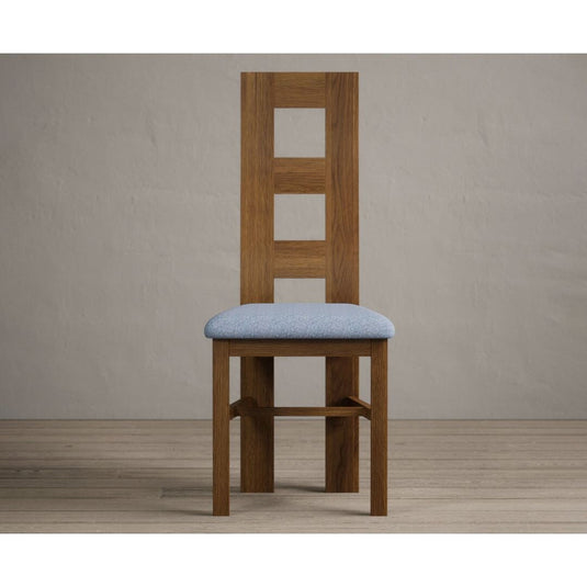 Rustic Solid Oak Flow Back Dining Chairs with Sky Blue Fabric Seat Pad Dining Chairs Rustic Solid Oak