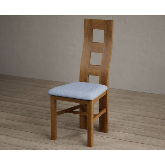 Rustic Solid Oak Flow Back Dining Chairs with Sky Blue Fabric Seat Pad Dining Chairs Rustic Solid Oak