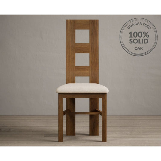 Rustic Solid Oak Flow Back Dining Chairs with Linen Fabric Seat Pad Dining Chairs Rustic Solid Oak