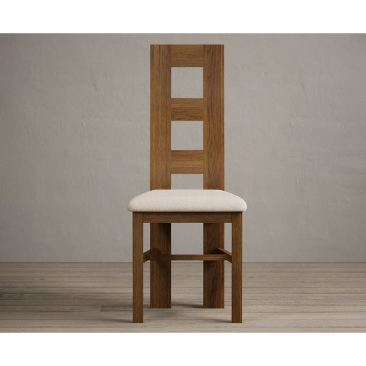Rustic Solid Oak Flow Back Dining Chairs with Linen Fabric Seat Pad Dining Chairs Rustic Solid Oak