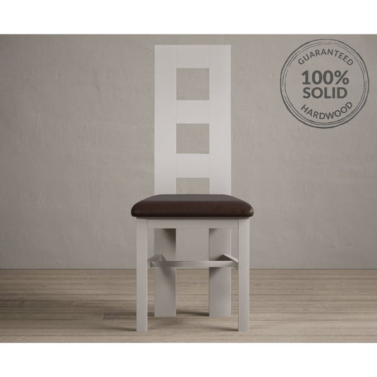 Painted Soft White Flow Back Dining Chairs with Chocolate Brown Leather Seat Pad Dining Chairs Painted