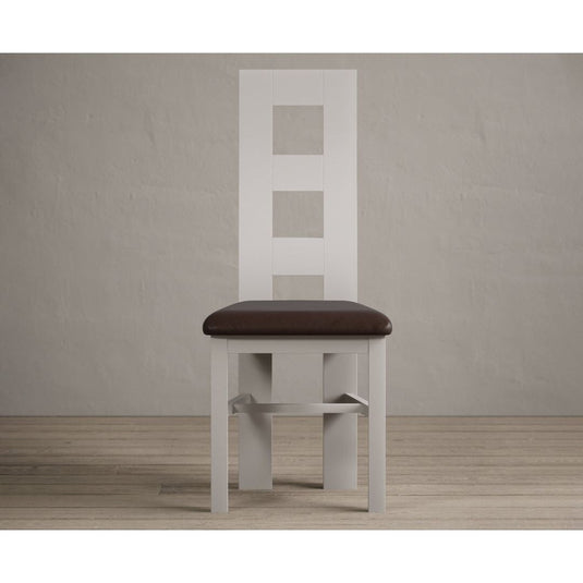 Painted Soft White Flow Back Dining Chairs with Chocolate Brown Leather Seat Pad Dining Chairs Painted