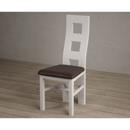 Painted Soft White Flow Back Dining Chairs with Chocolate Brown Leather Seat Pad Dining Chairs Painted